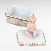 Bisque Porcelain Trinket Box, Baby with Blue Blanket Figurine, Keepsake Box, Nursery Decor, Gift for Baby Shower, Christening Gift