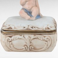 Bisque Porcelain Trinket Box, Baby with Blue Blanket Figurine, Keepsake Box, Nursery Decor, Gift for Baby Shower, Christening Gift