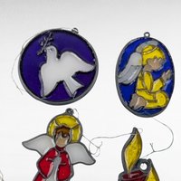 Vintage Religious Christmas Ornaments, Handpainted Stained Glass Look, Set of 8, Angel, Dove, Candle, Gift for Christian