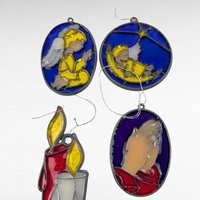 Vintage Religious Christmas Ornaments, Handpainted Stained Glass Look, Set of 8, Angel, Dove, Candle, Gift for Christian