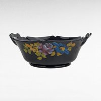 Vintage Black Glass Bowl Set, LE Smith Plate, Hand Painted Floral Bowl, Footed Bowl, Diamond Block Bowl, Gift for Collector, Home Decor