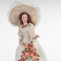 Vintage Porcelain Victorian Tassel Doll, White Dress, Roses, Umbrella, Dresser Doll, Hat, Display Doll, Gift for Doll Collector