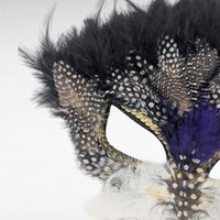 Vintage Applause Feather Half Mask, Black with Purple and Gold Trim, Costume Accessory, Masquerade Ball, Unique Decor