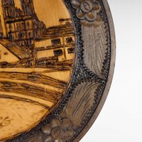 Vintage Carved Wood Burned Romanian Plate, Zagreb Cityscape Wall Decor, Romanian Folk Art, Gift for Collector, Ethnic Decor, 10.25 Inches
