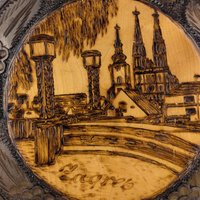 Vintage Carved Wood Burned Romanian Plate, Zagreb Cityscape Wall Decor, Romanian Folk Art, Gift for Collector, Ethnic Decor, 10.25 Inches