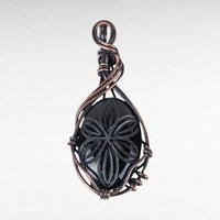 Handcrafted Black Onyx Pendant | Copper Wire Wrapped | Carved Flower Design | 2.25" | Unique Gift