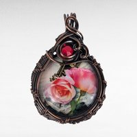 Handmade Copper Wire Wrapped Rose Necklace | Pink Rose Cabochon Pendant | Red Glass Bead Accent |  Gift for Her