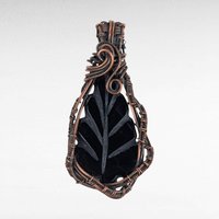 Handmade Copper Wire Wrapped Leaf Shaped Black Onyx Pendant | Unique Artisan Jewelry | Boho Gift