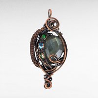 Handmade Copper Wire Wrapped Checkered Labradorite Pendant with Crystals, Unique Crystal Jewelry, Gift Idea