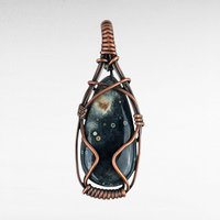 Ocean Jasper Pendant, Copper Wire Wrapped Pendant, Antiqued Copper Jewelry, Handmade Pendant, Green Blue Pendant