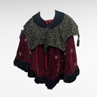 Vintage Handmade Burgundy and Green Velvet Shawl with Eyelet Clasps, One-Size, Warm, Festive