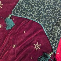 Vintage Handmade Burgundy and Green Velvet Shawl with Eyelet Clasps, One-Size, Warm, Festive