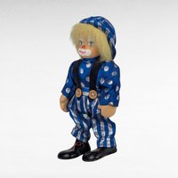 Small Clown Doll, Porcelain Face and Limbs, Blue Polka Dot Outfit, Collectible Display Doll, Whimsical Home Decor, Gift for Clown Lovers