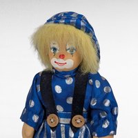 Small Clown Doll, Porcelain Face and Limbs, Blue Polka Dot Outfit, Collectible Display Doll, Whimsical Home Decor, Gift for Clown Lovers