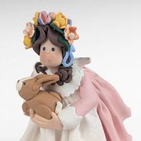 Vintage Handmade Clay Girl with Bunny Figurine, Signed Kathie, Whimsical Folk Art Decor