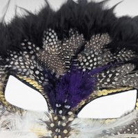 Vintage Applause Feather Half Mask, Black with Purple and Gold Trim, Costume Accessory, Masquerade Ball, Unique Decor