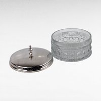 Vintage Glass Powder Dish with Metal Lid, Crystal Cut Vanity Jar, Decorative Bathroom Storage, Jewelry Box Gift
