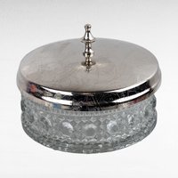 Vintage Glass Powder Dish with Metal Lid, Crystal Cut Vanity Jar, Decorative Bathroom Storage, Jewelry Box Gift