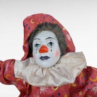 Vintage 18" Porcelain Clown Doll with Moon & Sun Outfit, Hand-Painted Face, Made in China, Decorative Collectible