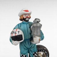 Flambro Emmett Kelley "With a Little Bit of Luck" Music Box, Clown Figurine, Racing Theme, 7 Inches, Collectible Music Box, Working Music