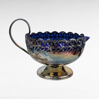 Vintage English Silverplated Blue Glass Creamer Sugar Bowl Set Celtic Design Tableware Gift for Hostess