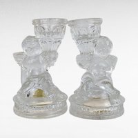 Vintage K's Collection Cherub Candle Holders, Clear Glass Angel Candlestick Pair, 4" Taper Candle Holders, Home Decor