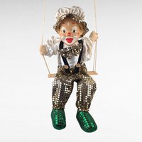 Vintage Porcelain Clown Doll on Swing, Green Gold Sequin Clown Figure, Hanging Circus Decor, Collectible Clown