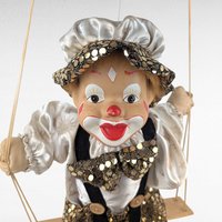 Vintage Porcelain Clown Doll on Swing, Green Gold Sequin Clown Figure, Hanging Circus Decor, Collectible Clown