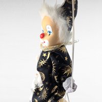 Vintage Moon and Stars Clown Doll, Black White Porcelain Swing Figure, Celestial Circus Decor, Collectible