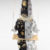 Vintage Moon and Stars Clown Doll, Black White Porcelain Swing Figure, Celestial Circus Decor, Collectible