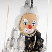 Vintage Moon and Stars Clown Doll, Black White Porcelain Swing Figure, Celestial Circus Decor, Collectible