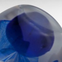 Vintage Clear Glass Paperweight, Blue Flower Center, 2.25" Round, Floral Desk Accessory, Collector Gift, Art Glass Bloom