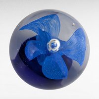 Vintage Clear Glass Paperweight, Blue Flower Center, 2.25" Round, Floral Desk Accessory, Collector Gift, Art Glass Bloom