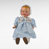 Blonde Baby Doll in Blue Dress and Bonnet, Large Vintage Doll with Moving Eyes and Sound