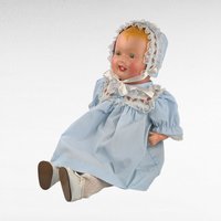 Blonde Baby Doll in Blue Dress and Bonnet, Large Vintage Doll with Moving Eyes and Sound