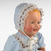 Blonde Baby Doll in Blue Dress and Bonnet, Large Vintage Doll with Moving Eyes and Sound