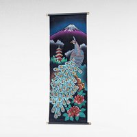 Vintage Japanese Scroll Mount Fuji Peacock Velvet Handpainted Wall Art