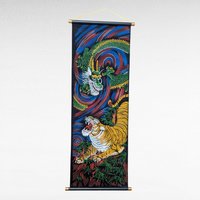 Vintage Japanese Dragon Tiger Velvet Handpainted Scroll Wall Art