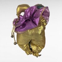 Vintage Gold Purple Jester Doll, Small Harlequin Figurine, Elegant Clown Decor