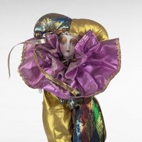 Vintage Gold Purple Jester Doll, Small Harlequin Figurine, Elegant Clown Decor