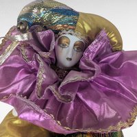 Vintage Gold Purple Jester Doll, Small Harlequin Figurine, Elegant Clown Decor
