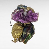 Vintage Gold Purple Jester Doll, Small Harlequin Figurine, Elegant Clown Decor