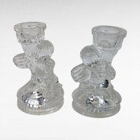 Vintage K's Collection Cherub Candle Holders, Clear Glass Angel Candlestick Pair, 4" Taper Candle Holders, Home Decor