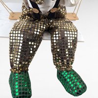 Vintage Porcelain Clown Doll on Swing, Green Gold Sequin Clown Figure, Hanging Circus Decor, Collectible Clown