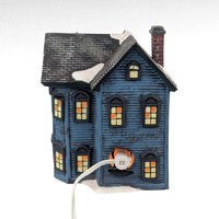 Vintage O'Well Lighted Blue Christmas Village House, Ceramic Holiday Home Decor, Collectible Two-Story Winter Scene Building