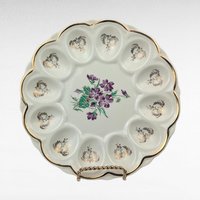 Vintage Ceramic Deviled Egg Tray, Plate, Purple Violets, Gold Trim, 9.25 Inch, Floral Appetizer Server, Holiday Entertaining