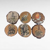Vintage Handmade Wood Slice Coasters Set of 6, Nature Fairy & Bird Transfer Designs, Rustic Drinkware, Woodland Cabin Decor Gift