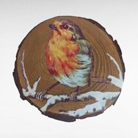 Vintage Handmade Wood Slice Coasters Set of 6, Nature Fairy & Bird Transfer Designs, Rustic Drinkware, Woodland Cabin Decor Gift