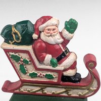 Vintage Midwest of Cannon Falls Cast Iron Santa Sleigh Stocking Holder, Christmas Mantle Decor, Collectible Waving Santa Hanger