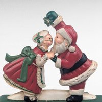 Vintage Midwest Cannon Falls Cast Iron Kissing Santa Mrs Claus Double Stocking Holder, Mistletoe Christmas Mantle Hanger Pair